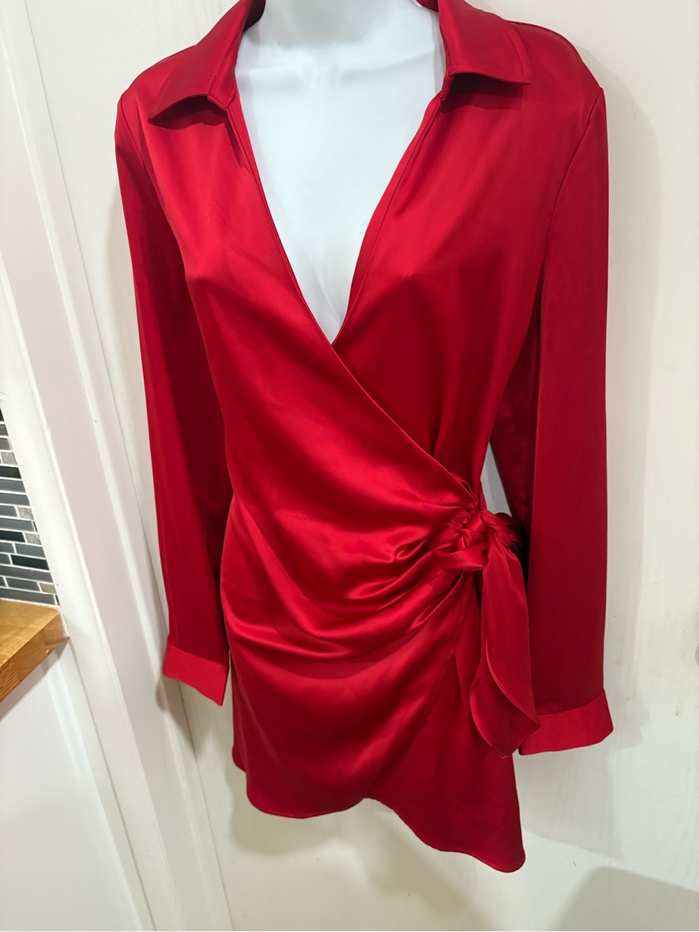 Red Satin evening Wrap Tie-Front Women's dress - Picture 3 of 8